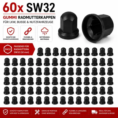 Imagen del producto de 60 tapas de goma negras para tuercas de ruedas, protectoras y de cobertura, con un diámetro de 32 mm, diseñadas para tornillos de alta resistencia, ideales para camiones, Imagen generada por IA