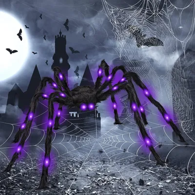 Produktbild von 5ft Halloween Spinne Dekorationen, gefälschte riesige Spinne mit lila LED-Leuchten für draußen Haus, Licht bis schwarze haarige Spinne für Halloween Indoor Outdoor Yard Party Haunted House Decor