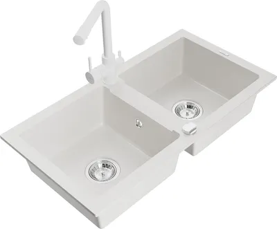Produktbild von Mexen Mario 2-Becken-Granitspüle mit Mischbatterie Duero, Weiß - 6504-20-671600-20