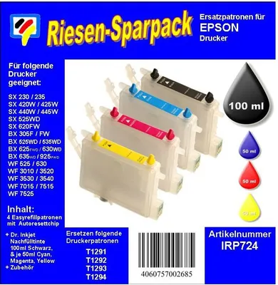 Produktbild von IRP724 - Starterpack CISS / Easyrefill T1291-T1294 Multipack mit 4 Patronen und 250ml Dr.Inkjet Premium Nachfülltinte