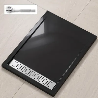 Produktbild von doporro Duschtasse Duschwanne 80x100x5cm flach aus Acryl in schwarz Rechteckig inkl. Ablaufgarnitur AL01 DIN-Anschlüsse für bodenebene Montage geeignet Xetro04