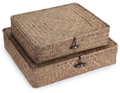 Produktbild von Elzusha – Rattan-Körbe mit Deckel – 2 Stück – Aufbewahrungskörbe – Aufbewahrungskörbe für Kinder – Körbe mit Deckel – Natürliches Seegras – Handarbeit
