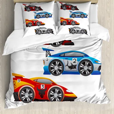 Produktbild von ABAKUHAUS Autos Bettbezug, Formula Cars Technologie, Milbensicher Allergiker geeignet mit Kissenbezügen, 155 cm x 220 cm - 80 x 80 cm, Mehrfarbig