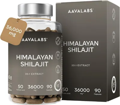 Produktbild von Pure Himalayan Shilajit Kapseln Hochdosiert 36000mg - 30:1 Extrakt 50% Fulvinsäure & Huminsäure - Mumijo Shilajit Original Himalaya | Aavalabs