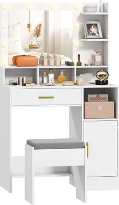 Image de Coiffeuse - Coiffeuse avec éclairage LED - Miroir et tabouret - 10 lampes - Tiroirs, étagères et casiers - Blanc