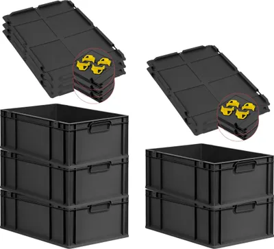 Produktbild von SparSet 5x Eurobox NextGen Grip mit Auflagedeckel inkl. 4 gelben Schiebeschnappverschlüssen | HxBxT 22x40x60cm | 44 Liter | Schwarz | Griffe geschlossen | Verstärkter Boden | Eurobehälter, Transportbox, Transportbehälter, Stapelbehälter