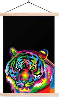 Produktbild von MuchoWow® Textilposter Tiger - Schwarz - Regenbogen 120x180 cm mit holzfarbenen Rahmen - Textil-Plakat