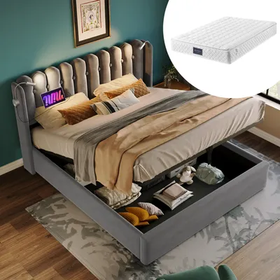 Produktbild von MODFU Boxspringbett Hydraulisches 140 x 200 cm mit Leselicht und Kopfteil Stauraum, Polsterbett Funktionelles mit USB-Ladeanschluss, Doppelbett Stauraumbett mit Bettkasten Stauraum, Samt Grau(Mit Matratze)