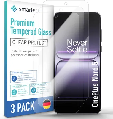 A product shot of a 3-pack of screen protectors for a OnePlus Nord 5, with packaging and the phone visible.