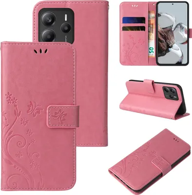 Produktbild von Handyhülle für Xiaomi Redmi Note 14 5G Floral Blumen Schmetterling Flip Cover Hülle Case Klapphülle Handytasche Farbe: Rosegold