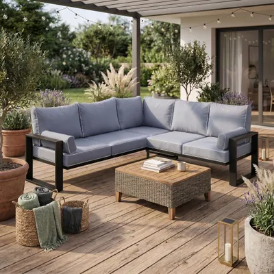 Produktbild von BEAUTYSOFA | VERDINO Gartenecke Blaugrau – Garten Lounge Ecke wetterfest mit Metallrahmen, Outdoor Ecksofa, SIMAX 42, KI-generiertes Bild