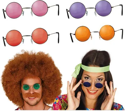 Productafbeelding van Hippiebrillen uit de jaren '60, rond model, kleurrijk, carnavalskostuum accessoire, feeststijl, flower power, tijdreismeisje. Kleur: Meerkleurig