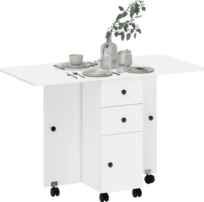 Image de HOMCOM Table de cuisine pliable table à manger pliante 2 plateaux rabattables avec 2 tiroirs 1 placard et 1 étagère de rangement 120 x 60 x 76,5 cm - blanc