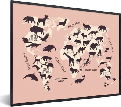 Produktbild von MuchoWow® Gerahmtes Poster Weltkarte - Tiere - Rosa 80x60 cm - Poster mit Schwarzem Bilderrahmen Wandposter Rahmen Foto Bilder - Schwarzem - Mit Gestell