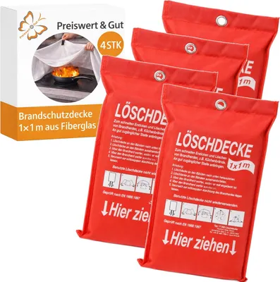 Produktbild von 4x Brandschutzdecken 1x1 m Fiberglas nach EN 1869 Feuerlöschdecke für Küche Camping Werkstatt Haushalt