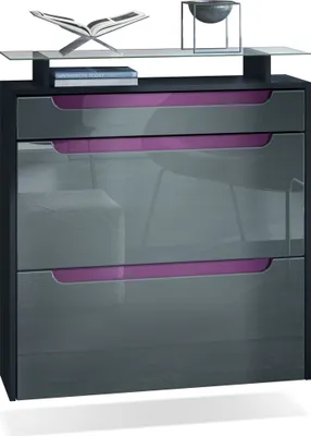 Produktbild von Vladon Schuhschrank Annie, Schuhkipper für 16 Paar Schuhe mit 2 Klappen, 1 Schublade und Glasablage, Schwarz matt/Grau Hochglanz/Brombeer Hochglanz (89 x 96 x 23 cm)