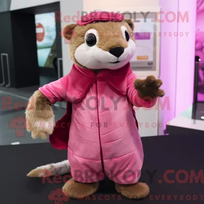 Produktbild von Maskottchenfigur REDBROKOLY eines rosa Mungos gekleidet mit Faltenrock und Fäustlingen