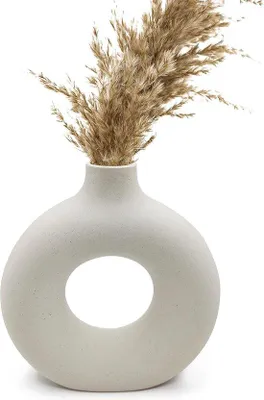 Productafbeelding van Unyqoos® Beige keramische vaas – moderne, ronde decoratieve vaas, handgemaakt, hoogte 23 cm × lengte 21,5 cm × diameter 7 cm, geschikt voor droogbloemen, 1 stuk