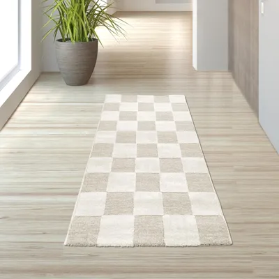 Image de Tapis à carreaux crème beige, facile à entretenir et résistant - 80 x 150 cm
