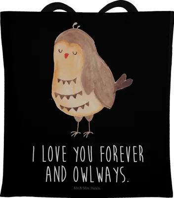 Produktbild von Mr. & Mrs. Panda Jutetasche Eule Zufrieden - Schwarz - Geschenk, Romantisch, Hochzeitstag, Einkaufstüte, Tasche, Owl, Tote Bag, Jutebeutel, Shopping, Liebesspruch