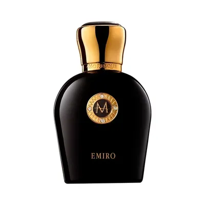 A black perfume bottle with a gold cap and gold accents on the label, set against a white background.