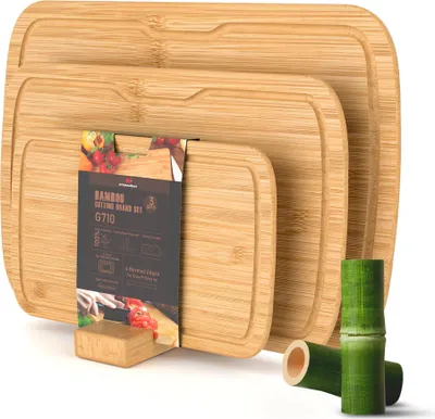 Bambus-Schneidebrett-Set 3-teilig mit Saftrille und Ständer