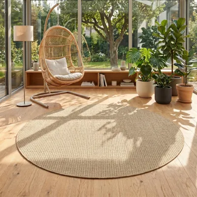 Immagine prodotto di Carpetsale24 Tappeto Outdoor Beige Rotondo 120 cm Balcone Terrazza Giardino Resistente intemperie UV Medio Tinta unita Tessuto piatto Moderno