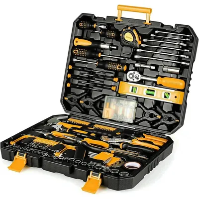 Image de Mallette à outils complète, 198 pièces, ensemble d'outils pour la maison comprenant une clé à cliquet, un jeu de clés à douille, des tournevis, de couleur jaune et noir
