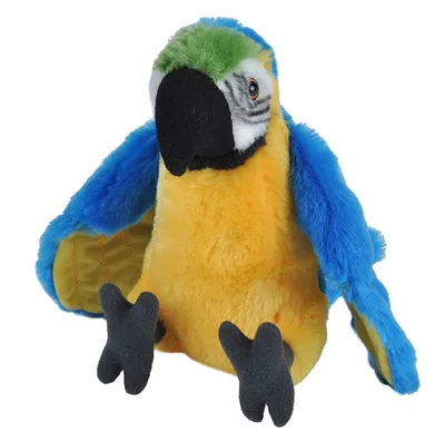 A plush toy parrot is sitting on a white background.