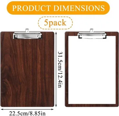 Productafbeelding van Unyqoos® Set (5 stuks) A4-klemborden van hardhouten vezel, 31,5 x 22,5 cm, metalen klem voor maximaal 100 vellen, met ophangoog – geschikt voor kantoor, school en horeca