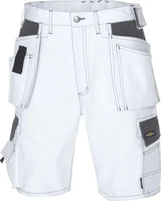 A pair of white work shorts with multiple pockets and gray accents.