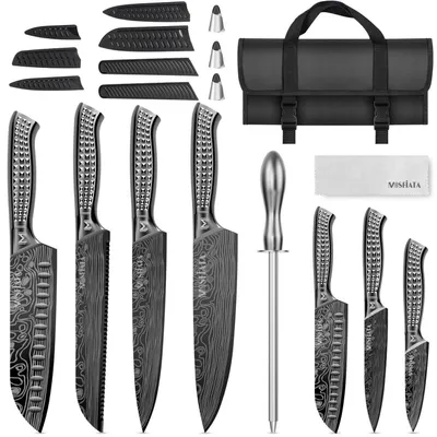 Produktbild von Küchenmesser-Set 12-teilig Edelstahl mit Titanbeschichtung, Wetzstahl, Tasche