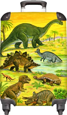 Obrázok produktu pre NoBoringSuitcases.com® Kufr Príručná batožina Vozík Kufr na kolieskach Malý cestovný kufor na 4 kolieskach - Dino - Ilustrácia - Žltý - Chlapci - Veľkosť kabíny < 55x40x23 cm a 55x40x20 cm - Foto kufor - Kabínkový kufor - Palubná batožina - Detský kufor - Detský vozík.