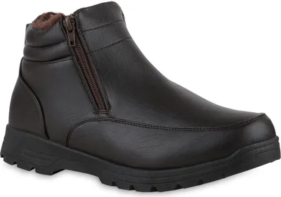 A single brown winter boot is shown against a white background.