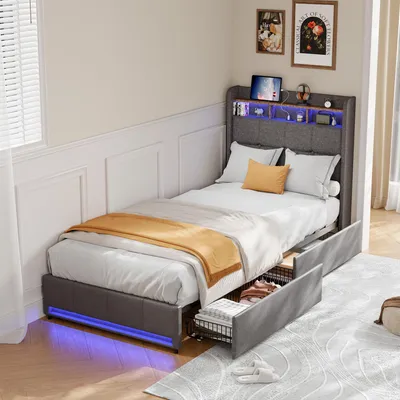 Produktbild von INONEFT Polsterbett 90×200 cm,LED Einzelbett mit 2 Schubladen und Lattenrost,Kopfteil mit stauraum und USB,Bett Funktionsbett Jugendbett ,Leinen,Grau