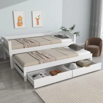 Image de Sweiko lit de jour, lit simple et double, lit coulissant avec roulettes en bas, avec 2 tiroirs en MDF, cadre en bois massif, blanc (200x90cm/190x90cm)