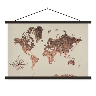 Produktbild von MuchoWow® Textilposter Weltkarte - Holz - Windrose 60x40 cm mit schwarzem Rahmen - Hölzernes