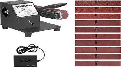Image de 250W Mini ponceuse à bande verticale et horizontale Ponceuse à bande électrique Machine à poncer et à polir Petite ponceuse à bande 7 vitesses avec 10 bandes abrasives pour le polissage du bois, de l'acrylique et du métal (Taille de la bande : 30*380mm)