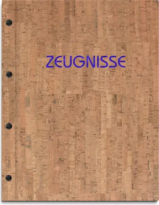 Produktbild von Zeugnismappe im hellen Korkeinband mit hochwertigem Prägedruck in blau – handgefertigte Mappe für Zeugnisse inkl. 12 Sichthüllen