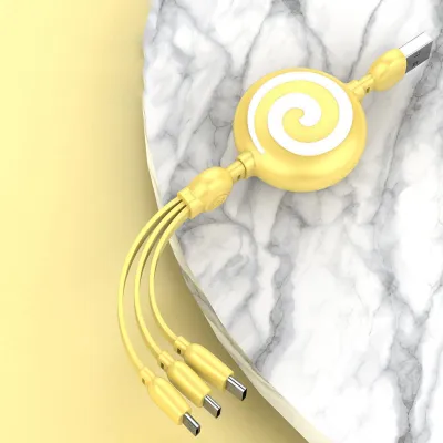 Obrázek produktu pro 3 v 1 USB nabíjecí kabel ve tvaru lízátka, roztažitelný, rychlonabíjecí kabel pro iOS, Android a Huawei, žlutý