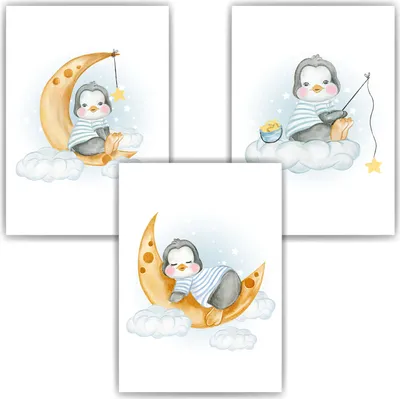 Produktbild von 3er Set Poster Pinguin Bilder für Kinderzimmer Babyzimmer Deko Kinderposter Babyparty – DIN A4 (21x29.7cm)