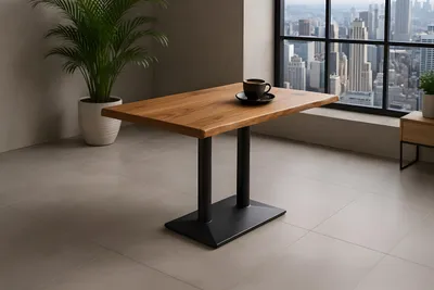 Produktbild von Bistrotisch Baumkante massiv 100 x 60 cm Akazie naturfarben Doppelsäulengestell schwarz ISLA