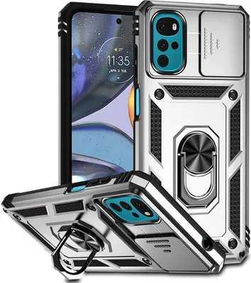 Produktbild von Moto G22 Hülle mit Schiebe Kamera Schutz und Ringhalter Ständer Robust Rüstung Schutzhülle für Motorola Moto G22 2022 Silber