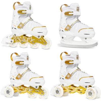 Produktbild von RAVEN Oxen 4in1 Inline Skates Inliner Quadskate Rollschuhe für Kinder und Erwachsene mit Schlittschuhen verstellbar White/Gold 34-37 (M)