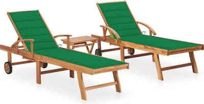 Produktbild von Sonnenliegen 2 Stk. mit Tisch und Auflagen Massivholz Teak