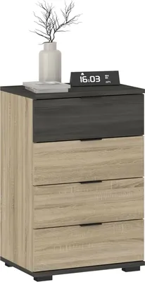 Produktbild von Nachttisch PIANO Esche grau/Sonoma Eiche, Nachtkommode für Boxspringbetten, Nachtschrank mit 4 Schubladen und Griffen aus Kunststoff, Korpus aus MDF/Spanplatte