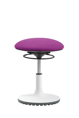 A purple stool with a white base and silver pole, isolated on a white background.