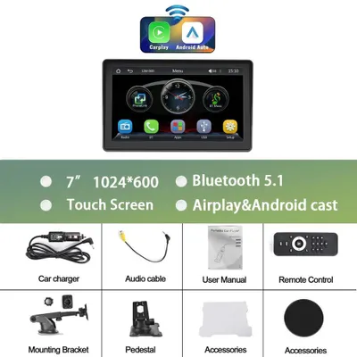 Image de Autoradio - Lecteur multimédia 2-DIN - Écran tactile de 17,8 cm - CarPlay et Android Auto sans fil - 1024x600 - FM - 1 port USB - Entrée pour caméra de recul