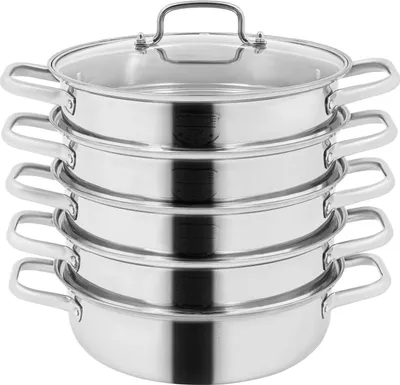 Produktbild von Dampfgarer - 4‑stöckiger Dampfkochtopf Ø28 cm - 304 Edelstahl - Gehärteter Glasdeckel - Einsatzhöhe 7,2 cm - Gesamt 36×34 cm - Poliert - Silber
