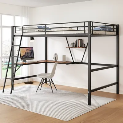 Produktbild von okwish Hochbett 90x200 cm, Bettgestell Metallbett Eisenbett mit L-förmigem Schreibtisch und Regal, geeignetes Bett für Kinder, Jugendliche, Erwachsene, Schwarz